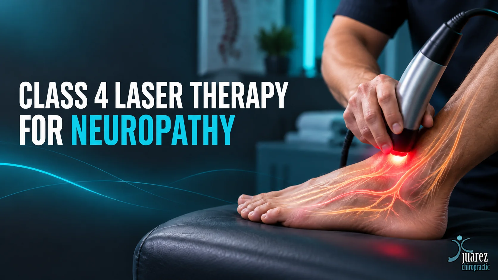 Chiropractor applying Class 4 laser therapy device to a patient's foot and ankle to treat neuropathy, with glowing nerve visualization overlay, branded by Juarez Chiropractic